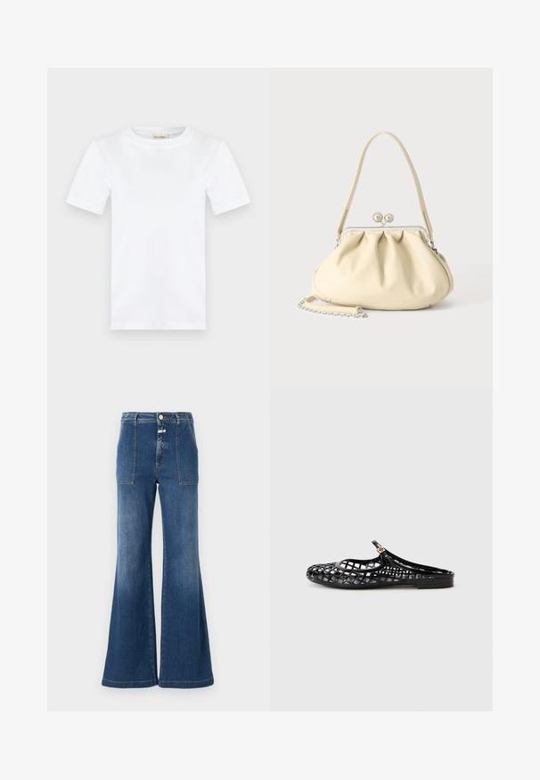 Camiseta blanca lisa de manga corta con cuello redondo y una pequeña etiqueta beige dentro del cuello que dice "CLOSED."; Jeans acampanados de tiro alto en denim azul medio con un acabado desgastado. Cuenta con bolsillos de parche y cierre de botón. Dobladillo limpio.; Tory Burch MELLOW MARY JANE - Sandalias planas - perfect black/gold; Bolso de mano de piel suave color crema con diseño fruncido, cierre de marco plateado, asa corta y una correa de cadena desmontable.