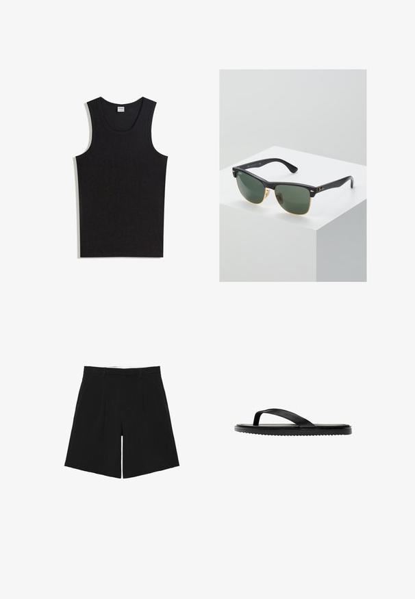 Débardeur noir en coton, doté d'un col rond et d'une coupe sans manches. Texture lisse sans motifs ni accents visibles.; Short noir sur mesure avec passants de ceinture, plis devant et poches latérales, posé à plat sur un fond blanc.; Sandale noire en caoutchouc avec semelle texturée et bride simple en forme de Y, montrée de profil sur fond blanc.; Lunettes de soleil Ray-Ban avec des verres verts, monture en plastique noir et accents dorés sur les bords. Forme carrée avec une finition mate.