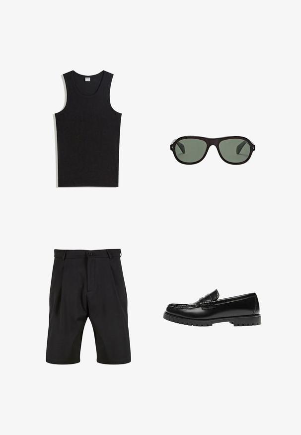 Débardeur noir en coton, doté d'un col rond et d'une coupe sans manches. Texture lisse sans motifs ni accents visibles.; Shorts noirs en tissu lisse avec une coupe ajustée, dotés d'une fermeture à bouton à l'avant, de plis et de poches latérales.; Mocassin en cuir noir avec une semelle en caoutchouc épaisse et un détail classique de bride à monnaie, vu de côté extérieur.; Lunettes de soleil ovales noires avec des verres vert foncé et de petits détails en forme d'étoile argentée sur les bords de la monture.