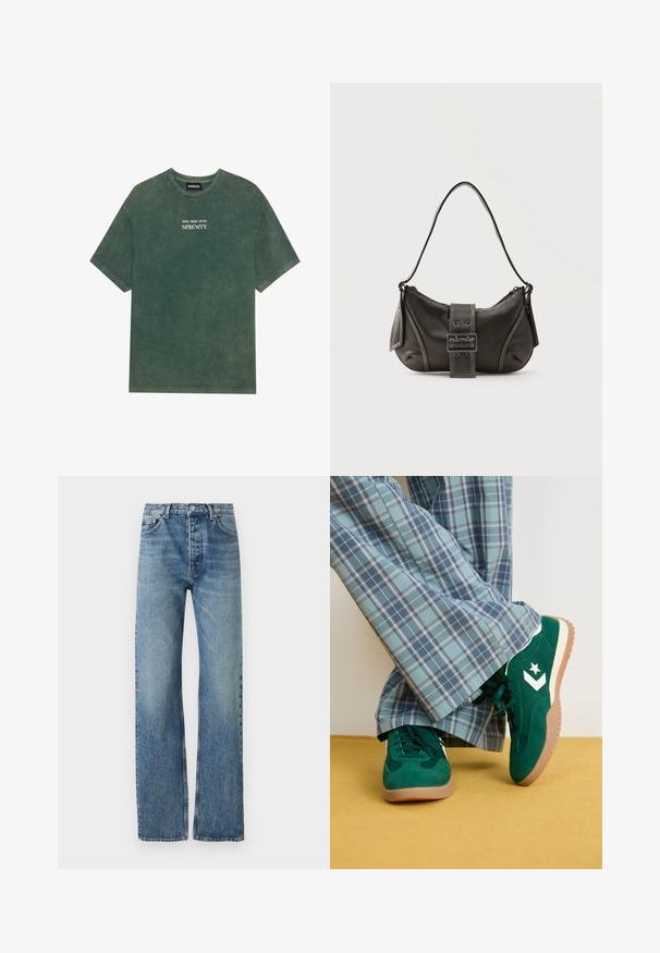 Camiseta de algodón verde con cuello redondo y mangas cortas. Presenta un texto impreso en blanco, desvanecido, que dice "SUMÉRGETE EN LA SERENIDAD". Textura suave.; Vaqueros de tiro alto en azul claro con un diseño de pierna recta, fabricados en tela de mezclilla. Presentan un estilo clásico de cinco bolsillos y herrajes plateados.; Zapatillas de ante verdes con acentos blancos y un logo de estrella, combinadas con pantalones de cuadros azules de pierna ancha, sobre un suelo amarillo.; Bolso de hombro de cuero negro con detalle de correa con hebilla, bordes curvos y costuras blancas en contraste sobre un fondo liso.