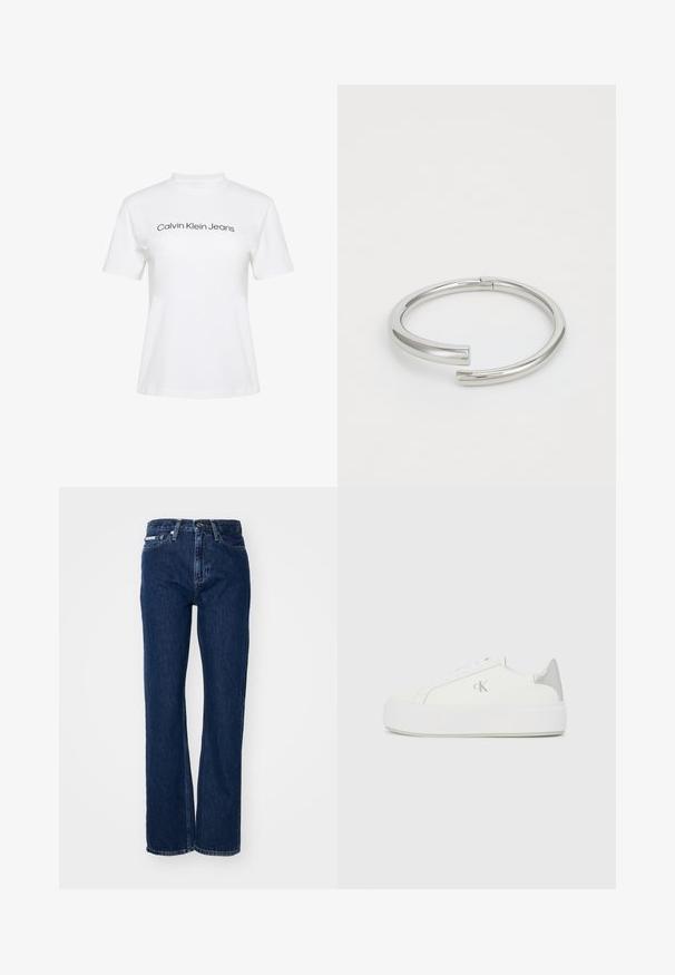 Camiseta blanca de algodón con cuello redondo y mangas cortas, con el texto "Calvin Klein Jeans" impreso en negro en el pecho.; Vaqueros de mezclilla azul oscuro con piernas rectas, cierre de botón y cinco bolsillos. La tela tiene una ligera textura con sutiles detalles en la costura.; Zapatillas de lona blancas con una suela blanca gruesa, presentan un acento metálico plateado en el talón y un sutil detalle del logo en el lateral.; Calvin Klein SPIRAL - Pulsera - silver-coloured