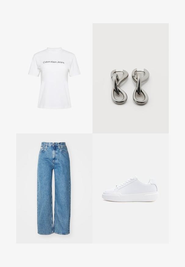 Valge puuvillane T-särk laia kaelusega ja lühikeste varrukatega, millel on rinnal musta trükiga tekst "Calvin Klein Jeans".; Heled sinine denim laiad püksid kõrge vöökohaga, triibustatud äärega ja viie taskuga disainiga. Kulunud tekstuur lisab kangale sügavust.; Valge madala säärega tenniskingad, millel on nööritav kinnitus, paks tald ja sile pealispind, nähtud välisküljelt heledal ühtlasel taustal.; Hõbedatoonides metallist kõrvarõngad abstraktse üksteisega põimunud aasade disainiga valgel taustal.