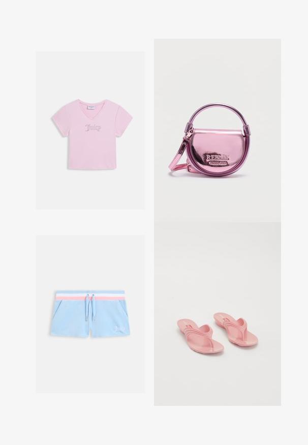 Lyserød, kortærmet, V-hals crop top med teksten "Juicy" i rhinsten centreret på brystet.; Lyseblå velourg shorts med en pink og hvid stribet talje, snøre-lukning og sidelommer. Indeholder "Juicy" broderet i hvid.; Melissa QUANTUM THONG X DIESEL - Sandaler m/ tåsplit - light pink; Lille rund metallisk lyserød håndtaske med topstyr og skulderrem, REPLAY-logo og "SINCE 1981" præget på frontklap.