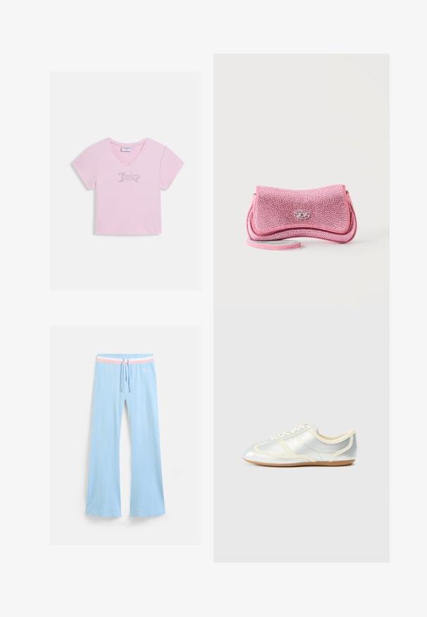 Hellrosa, kurzärmeliges Crop-Top mit V-Ausschnitt und dem Schriftzug "Juicy" aus Strasssteinen, der mittig auf der Brust platziert ist.; Hellblaue, ausgestellte Jogginghosen mit einem Kordelzugbund. Mit einem rosa und weißen gestreiften Akzent sowie einem gestickten Logo. Weicher Stoff.; Silberne, synthetische Sneaker mit cremefarbenen Akzenten, flachem Profil, rundem Zehenbereich und flacher Gummisohle; verfügt über klassische Nahtdetails und Schnürverschluss.; Kleine pinke glitzernde Clutch mit silbernem Verschluss und dünnem Handgelenksriemen auf weißem Hintergrund.