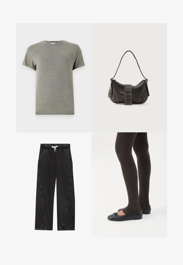 Camiseta verde desvanecida, de manga corta, con cuello redondo, material de algodón suave, textura ligeramente desgastada, corte casual.; Pantalones anchos y negros hechos de una tela texturizada. Presentan una cinturilla elástica con un cordón blanco y bolsillos frontales con costuras diagonales.; Piernas con leggings oscuros acanalados combinados con bailarinas negras que presentan pequeños detalles de lazo sobre un fondo blanco.; Bolso de hombro de cuero negro con detalle de correa con hebilla, bordes curvos y costuras blancas en contraste sobre un fondo liso.