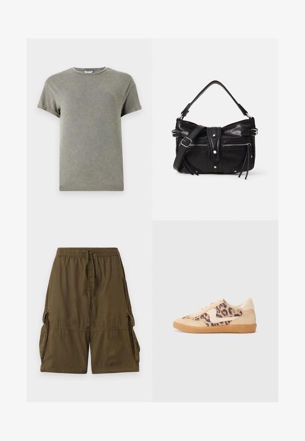 Verbleekte groene t-shirt, korte mouwen, ronde halslijn, zachte katoen materiaal, licht versleten textuur, casual pasvorm.; Olijfgroene cargoshorts van lichtgewicht stof. Voorzien van een elastische tailleband, trekkoord en twee zijvakjes.; Luipaardprint sneakers met een beige suède bovenkant, tan rubberen zool en witte accenten. Ronde neus en vetersluiting met een gestructureerde afwerking.; Even&Odd by Zalando H24462 - Handtas - black
