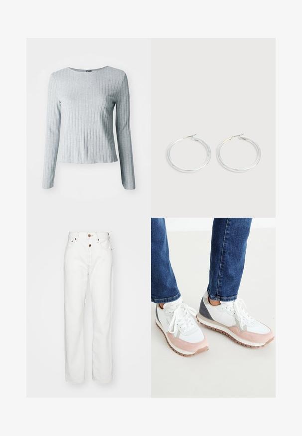 Top gris de manga larga con canalé y escote redondo, confeccionado en una suave tela texturizada; presenta un dobladillo ligeramente acampanado para un ajuste relajado.; Jeans de mezclilla blanca con un diseño de pernera recta; cuentan con cierre de botón y cremallera, costuras en tono beige y bolsillos frontales.; Zapatillas blancas y rosa claro con acentos grises, que cuentan con una parte superior de ante y malla, suela de goma y cordones redondos.; Pareja de pendientes de aro plateados brillantes con cierres de alambre delgado, mostrados sobre un fondo gris claro.