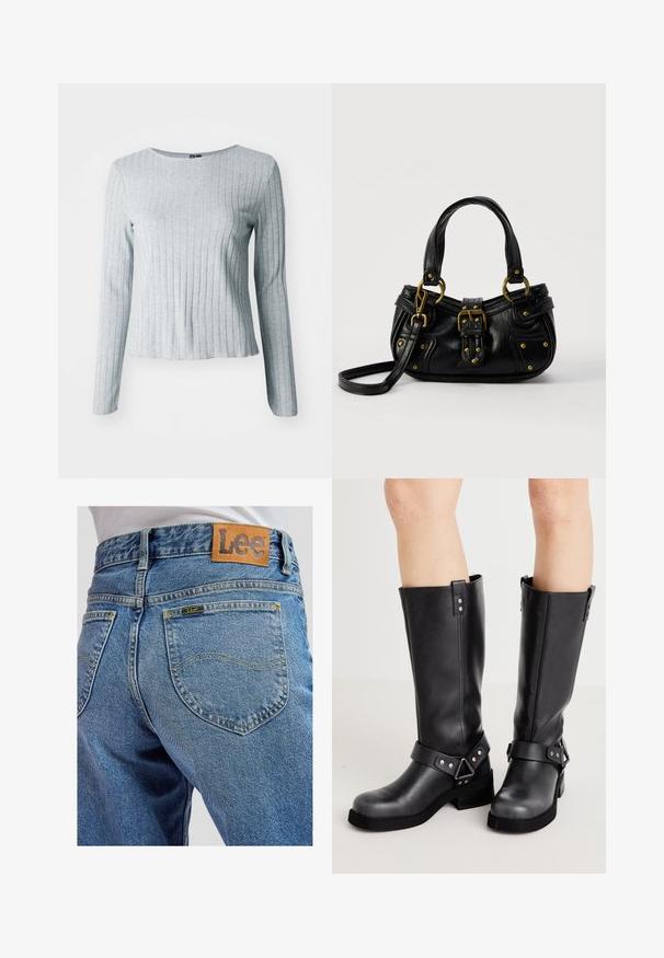 Top gris de manga larga con canalé y escote redondo, confeccionado en una suave tela texturizada; presenta un dobladillo ligeramente acampanado para un ajuste relajado.; Jeans de mezclilla azul con bolsillos traseros que presentan costuras amarillas y un parche de cuero marrón de la marca Lee en la cinturilla.; Botas de cuero negro hasta la rodilla con un eje ancho, detalles de correas, herrajes plateados y una suela plana. Textura suave con un ligero brillo.; Bolso de cuero negro con hebilla y detalles de remaches dorados, asas cortas y una correa de hombro ajustable sobre un fondo blanco liso.