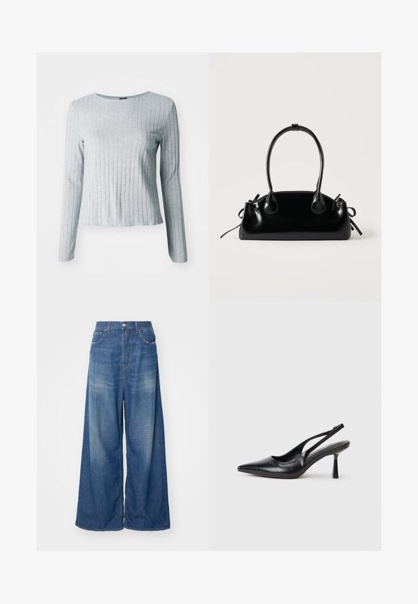 Haut à manches longues gris côtelé avec un col rond, fabriqué en tissu doux et texturé ; présente un ourlet légèrement évasé pour un ajustement décontracté.; Jeans en denim bleu à taille haute avec jambes larges, dotés de poches avant, d'une fermeture à bouton et de détails de décoloration pour un aspect usé.; Chaussure à talon haut en cuir noir, à bride arrière, avec un bout pointu et un talon fin sur fond blanc.; Petit sac à main noir brillant avec deux longues anses et des détails à cordon sur les côtés sur un fond clair uni.