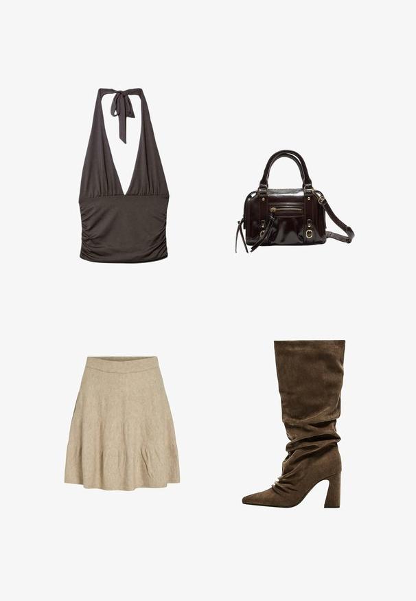 Haut dos nu noir avec décolleté en V profond et fermeture par nœud au cou, avec côtés froncés et taille ajustée.; Une jupe courte beige en tissu doux et texturé, avec une taille côtelée et de légères plis près de l'ourlet.; Botte en daim marron décontractée mi-mollet avec bout pointu et talon haut épais.; Sac à main en cuir verni marron avec double poignées, bandoulière amovible, poche zippée à l'avant et accents en métal doré.