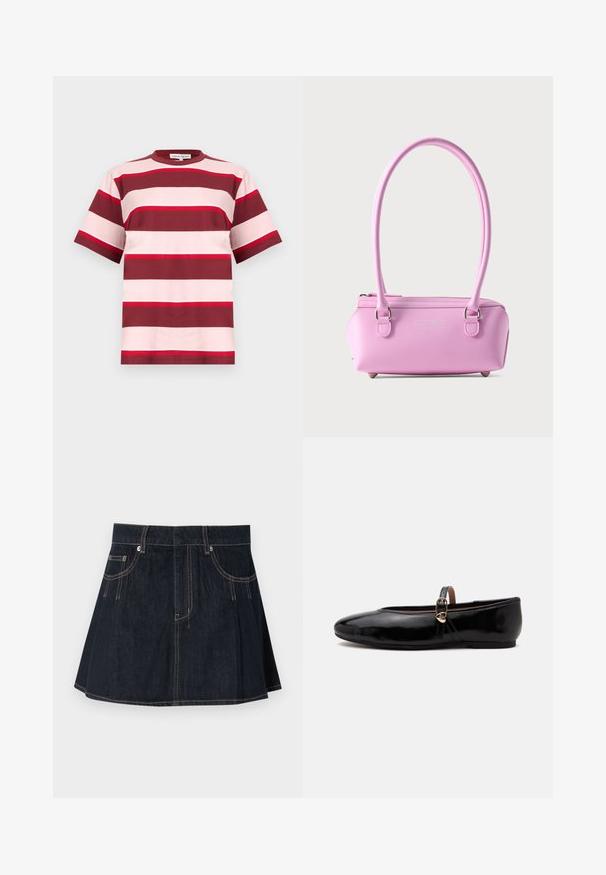 Kortærmet bomulds-T-shirt med brede vandrette striber i bourgogne, pink, rød og hvid mod en ensfarvet baggrund.; Denimnederdel i mørkeblå, med en flagrende design, bæltestropper, forvægspockets og kontraststing langs sømmene.; Sort skinnende flad sko med tynd ankelrem og lille gylden hjerteformet spænde på en enkel lys baggrund.; Lille rektangulært pink håndtaske med lange håndtag, lynlåslukning og subtil præget logo foran mod ensfarvet baggrund.