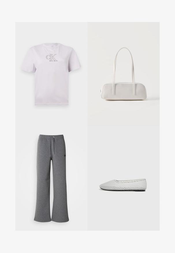 Camiseta blanca de manga corta con cuello redondo y pequeño logo "cK" centrado en el pecho.; Pantalones de chándal grises hechos de una tela suave, con una cinturilla con cordón, piernas anchas y un discreto detalle de logo en el lateral.; Zapato plano en material de malla blanca, con punta afilada y un diseño minimalista. Superficie texturizada con un forro suave.; Bolso de hombro rectangular blanco con correas largas y delgadas, costuras mínimas y cierre de cremallera sobre un fondo liso.