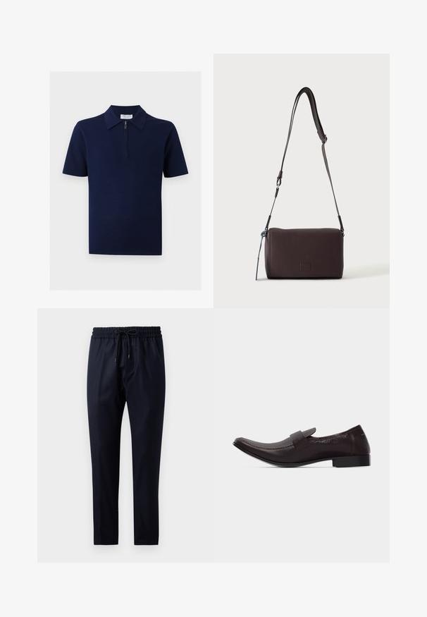 Navyblå kortærmet skjorte med krave og lynlås foran, ensfarvet design, vist mod en neutral baggrund.; Mørkeblå bukser lavet af blødt stof, med elastisk talje med snørebånd, lige ben design og ingen synlige mønstre eller accenter.; Mørkebrun læder herreloafer med lav hæl, rundet firkantet tå og en rem over vristen, vist i sideprofil.; Mørkebrun textured læder crossbody taske med justerbar rem og lille dekorativ blå accent på siden.