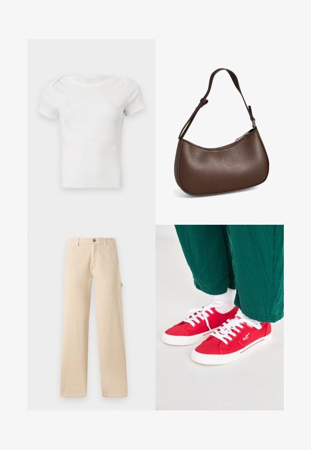 Haut blanc à manches courtes en maille côtelée pour bébé ou tout-petit, avec un col rond et des pressions à l'épaule, sur un fond uni.; Pantalons en velours côtelé beige avec une coupe large, texture à côtes verticales, poches avant et détail de bouton sur le côté.; Baskets en toile rouges avec des lacets blancs, dotées d'une semelle en caoutchouc blanche et d'accents rayés sur le côté. Portées avec un pantalon vert texturé et des chaussettes blanches.; Petit sac bandoulière en cuir marron avec sangle réglable et fermeture éclair, présenté sur fond blanc. Aucun logo ou décoration visible.