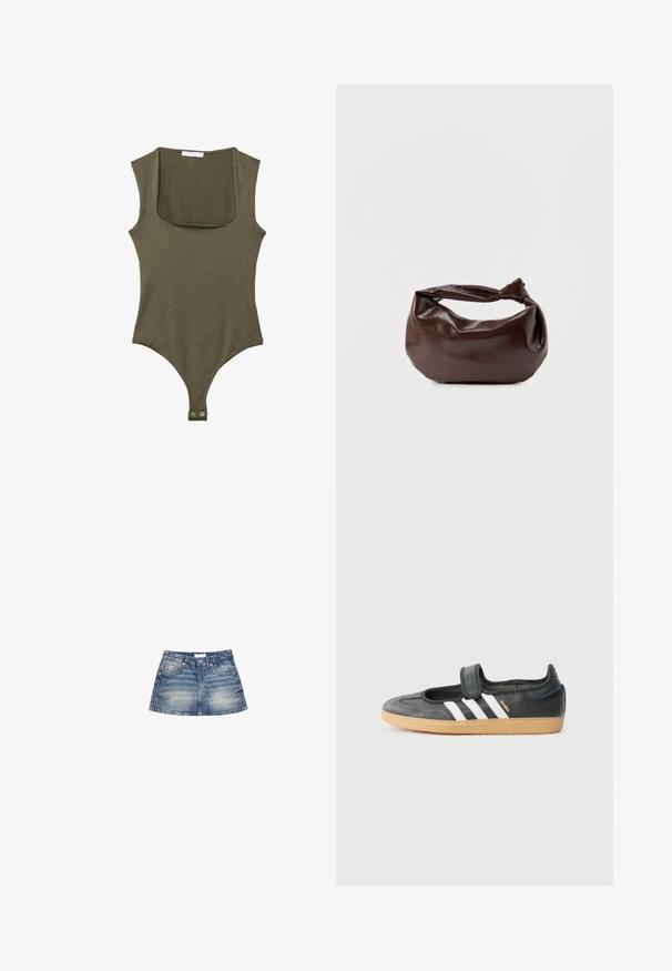 Ærmeløs olivengrøn bodysuit med firkantet halsudskæring og trykknaplukning ved skridtet, lagt fladt på en hvid baggrund.; Denim mini nederdel i lyseblå vask, med en tætsiddende talje, forlommer og en svungen kant med let falming og færdige kanter.; Sort læder- og ruskinds sneakers med en Velcro-rem, der har tre hvide striber og en gummisål, mærket "SAMBA" på siden.; Mørkebrun læder skuldertaske med en blød, afslappet form og et snoet knudehåndtag på en ensartet hvid baggrund.