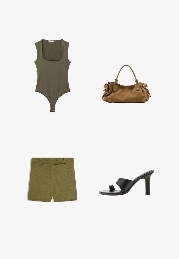 Body sans manches vert olive avec encolure carrée et fermeture à bouton-pression à l'entrejambe, posé à plat sur un fond blanc.; Shorts tricotés vert olive avec une taille élastique côtelée et des passants pour ceinture, présentés à plat sur un fond blanc.; Sandale noire à talon haut avec une large bride sur le pied et une boucle pour l’orteil, vue de côté sur fond blanc.; Sac à main en daim marron doux avec une poignée supérieure unique et des détails latéraux froncés maintenus par des sangles en cuir et des anneaux métalliques.
