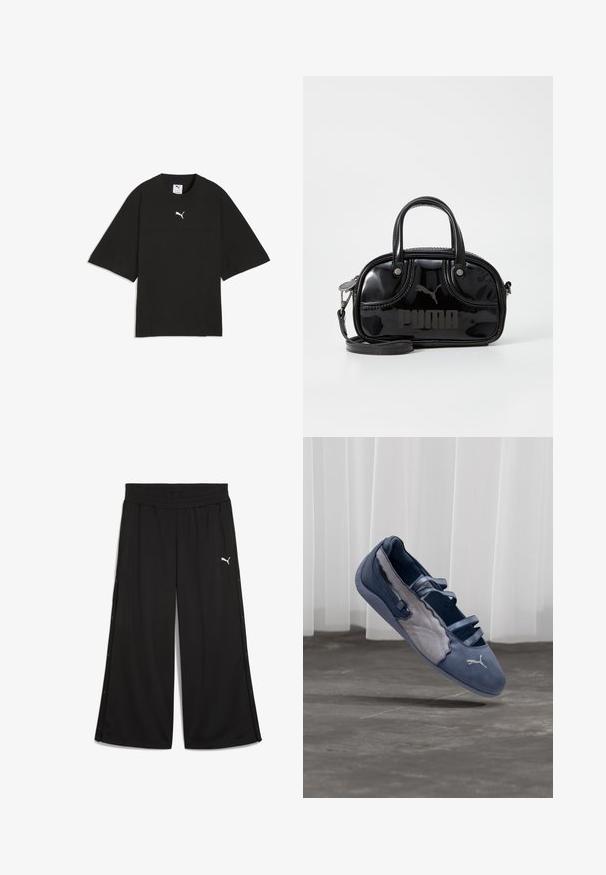 T-shirt de sport noir à manches courtes avec col rond et logo Puma blanc centré sur la poitrine sur fond blanc.; Pantalon de sport noir avec une taille élastique, boutons-pression sur les côtés et logo Puma blanc à l'avant. Fabriqué en tissu léger.; Chaussure plate Puma bleue et grise avec trois brides élastiques, panneau latéral texturé, et logo Puma blanc, en suspension au-dessus d'un sol en béton.; Sac à main en cuir verni noir avec des poignées supérieures doubles, une bandoulière amovible, une forme arrondie et un logo "PUMA" en relief bien visible.