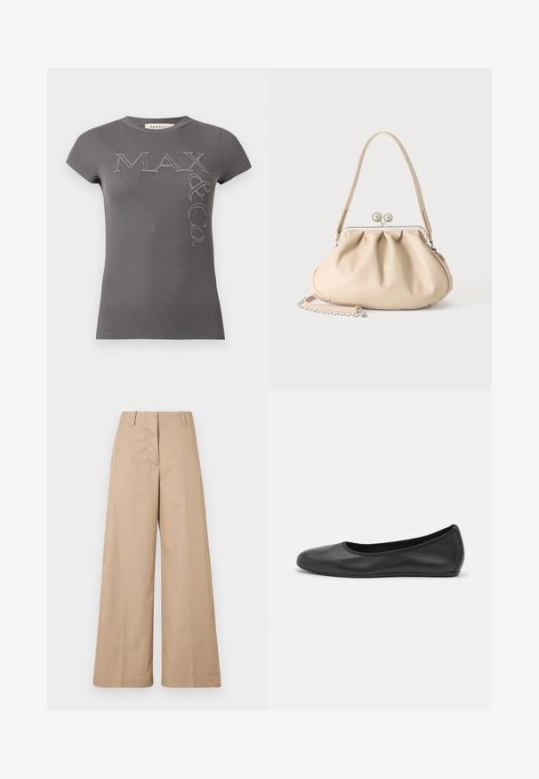 Dunkelgraues, geripptes T-Shirt mit kurzen Ärmeln und dem Logo "MAX & CO." auf der Brust und vertikal auf der rechten Seite gestickt.; Beige weite Stoffhosen aus glattem Baumwollmaterial, mit tailliertem Bund und flachem Vorderteil, entworfen für eine entspannte Passform und klare Linien.; Schwarze Leder-Ballettschuhe mit abgerundeter Spitze, glatter Textur, minimalen Nähdetails und einem flexiblen Sohlen-Design.; Beige weiche Lederhandtasche mit silbernem Metallrahmenverschluss, einem Schulterriemen und einem optionalen Kettenriemen auf weißem Hintergrund.