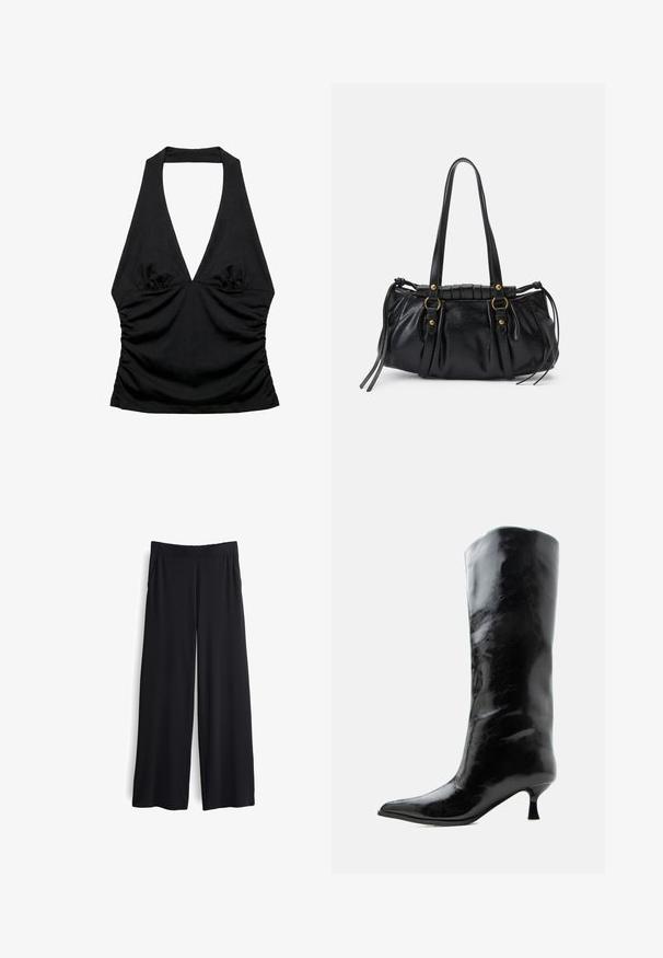 Schwarzes Neckholder-Top mit tiefem V-Ausschnitt und gerafften Seiten, entworfen für einen figurbetonten und stylischen Look.; Schwarze, weit geschnittene Hose mit glatter Textur und elastischem Bund. Ausgestattet mit Seitentaschen und lockerem Sitz für zusätzlichen Komfort.; Schwarzer glänzender kniehoher Lederstiefel mit spitzer Spitze und niedrigem, gebogenem Absatz auf einfachem hellem Hintergrund.; Schwarze Lederhandtasche mit runder Form, doppelten Griffen, dekorativen Hardware-Details und seitlichen Bindebändern. Glatte, glänzende Textur.