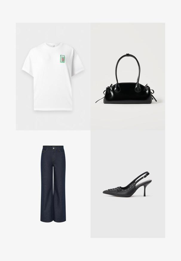 Camiseta blanca de manga corta con un pequeño parche verde que muestra una lata de sardinas abierta, sardinas rosas y la palabra "SARDINE" en la parte superior del pecho.; Jeans de mezclilla oscura de pierna ancha con cintura alta, con detalles de costura visibles en dorado contrastante y bolsillos delanteros y traseros. Diseño clásico de cinco bolsillos.; Sandal de tacón stiletto negro de cuero con punta afilada, correa lateral con hebilla, tachuelas a lo largo del borde y cordones decorativos en la parte delantera.; Pequeño bolso negro brillante con dos asas largas y detalles de cordón lateral sobre un fondo claro liso.