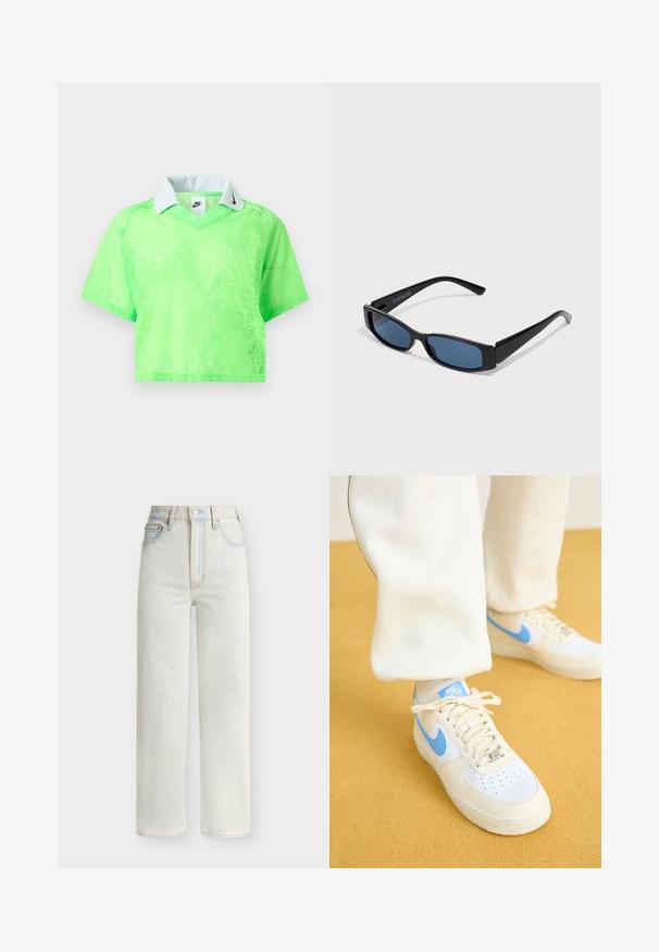 Neon-grünes Crop-Top mit kurzen Ärmeln und dezentem Muster, weißem Kragen und schwarzem Nike-Swoosh-Logo am Kragen und im Innenschild.; Hoch sitzende Jeans mit geradem Bein in Hellblau, mit vorderem Knopf, Reißverschluss und Fünf-Taschen-Stil.; Weiße Sneakers mit hellblauen Akzenten, ausgestattet mit einer perforierten Zehenpartie, strukturiertem Sohlenbereich und Schnürsenkeln. Tragen mit cremefarbenen Hosen vor einem gelben Hintergrund.; Schwarze Sonnenbrille mit einem eleganten rechteckigen Rahmen und blauen Gläsern. Besitzt eine glatte Oberfläche und robuste Scharniere. Markenlogo an der Seite.