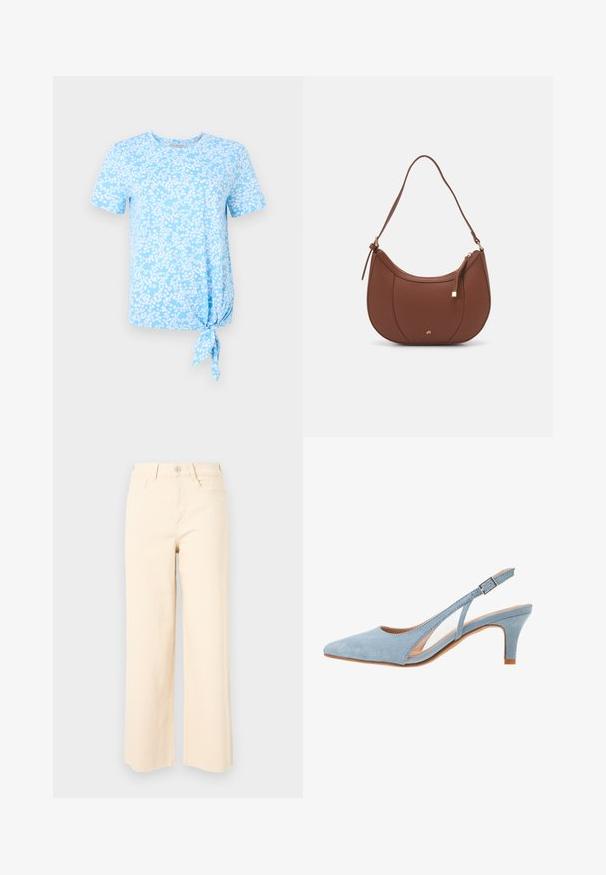 Helles blaues T-Shirt mit kurzen Ärmeln, das ein weißes Blumenmuster aufweist und auf der linken Seite am Saum eine Knoten-Details hat.; Beige weit geschnittene Jeans aus Baumwolle mit hoher Taille, Knopfverschluss und zwei Fronttaschen mit einer glatten, strukturierten Oberfläche.; Himmelblauer Suede Slingback-Absatzschuh, spitze Zehenform, verstellbarer Knöchelriemen mit metallischer Schnalle, natürliche beige Innensohle und niedriger Absatz.; Braune Kunstleder-Schultertasche mit geschwungener Form, minimaler Naht und goldfarbener Hardware-Akzent. Verfügt über einen oberen Reißverschluss und einen verstellbaren Trageriemen.
