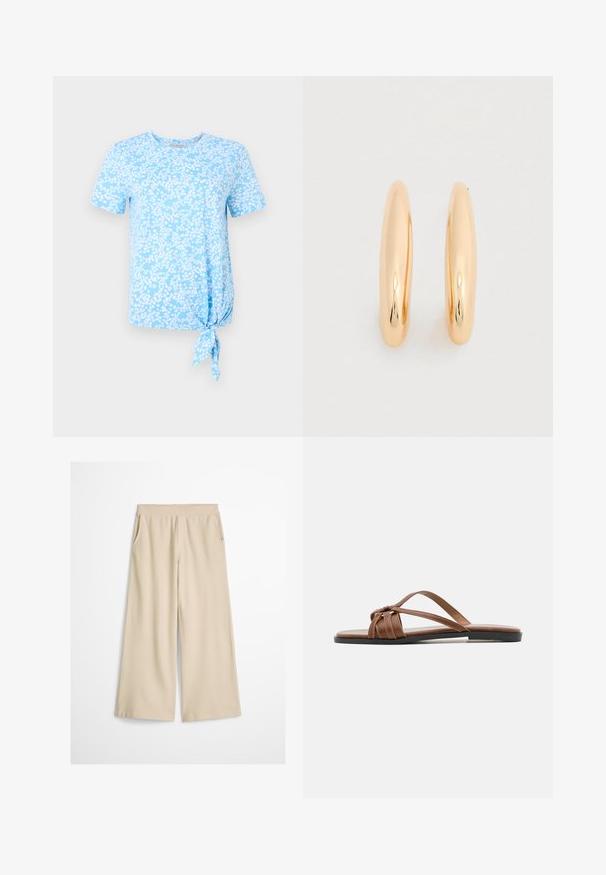 T-shirt bleu clair à manches courtes présentant un motif floral en blanc, avec un détail de nœud sur le côté gauche à l'ourlet.; Pantalon ample couleur crème avec une taille haute, sans fermetures ni poches visibles, présenté sur un fond blanc.; Sandales en cuir marron avec semelle plate, dotées de plusieurs bandes entrecroisées et d'un nœud décoratif au niveau du pied pour un maintien sécurisé.; Boucles d'oreilles créoles en ton or avec une finition lisse et brillante. Forme arrondie et allongée pour une élégance moderne. Dimensions non spécifiées.