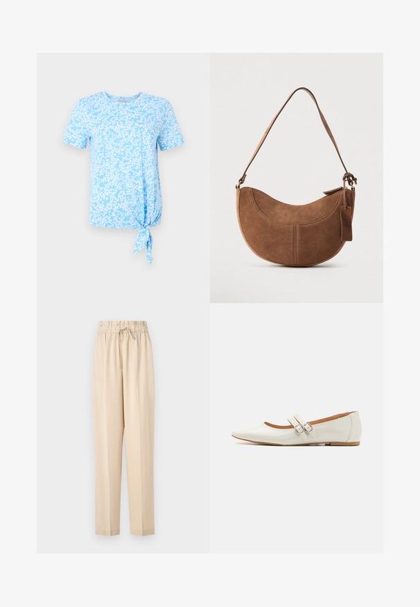 Lyseblå t-shirt med korte ærmer, prydet med et hvidt blomstermønster, og med en knude detalje på venstre side ved sømmen.; Beige, lette bukser med elastisk talje, snøre detaljer og lige ben. Glat tekstur, minimalisk stil.; Hvide patentlæder flade sko med spids tå, to dekorative stropper med sølvspænder og en diskret brun sål.; Brun ruskinds håndtaske med en buet, halvmåneformet silhuet. Har en skulderrem, et lille mærke og synlige sømme langs kanterne.