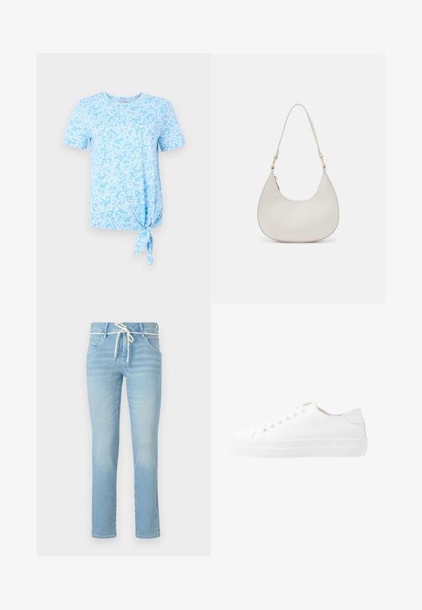 Lichtblauwe t-shirt met korte mouwen, voorzien van een wit bloemenpatroon en een knoopdetail aan de linkerkant van de zoom.; lichtblauwe denim jeans met een rechte pijp, voorzien van een witte trekkoord in de taille en subtiele vervagingen overal.; Witte canvas sneakers met een laag ontwerp, ronde neus, zes veteropeningen en een gestructureerde rubberen zool. Gladde materialen met minimale accenten.; Crème leren schoudertas met een halve maan vorm, dunne schouderband en subtiele stiksels. Minimalistisch ontwerp met gouden hardware accenten.