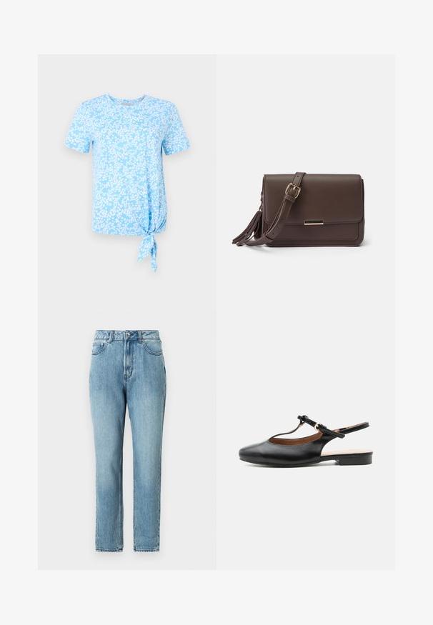 Helles blaues T-Shirt mit kurzen Ärmeln, das ein weißes Blumenmuster aufweist und auf der linken Seite am Saum eine Knoten-Details hat.; TOM TAILOR DENIM Mom Jeans - clean mid stone blue denim; Schwarzer flacher Lederslingback-Schuh mit T-Riemen und goldener Schnalle auf neutralem Hintergrund.; Braune Schultertasche aus Kunstleder mit Klappenverschluss, goldfarbener Hardware und seitlichem Quasten-Detail. Verstellbarer Riemen für vielseitigen Tragekomfort.