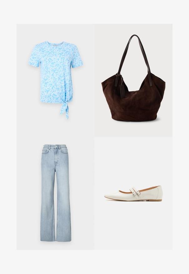 Lyseblå t-shirt med korte ærmer, prydet med et hvidt blomstermønster, og med en knude detalje på venstre side ved sømmen.; Lyseblå denim flared jeans med høj talje, der har frontlommer og subtile syninger langs benene.; Hvide patentlæder flade sko med spids tå, to dekorative stropper med sølvspænder og en diskret brun sål.; Brun ruskind taske med en blød, slouchy form. Har læderhåndtag og et tag-accent. Enkelt tekstur med buede sømme.