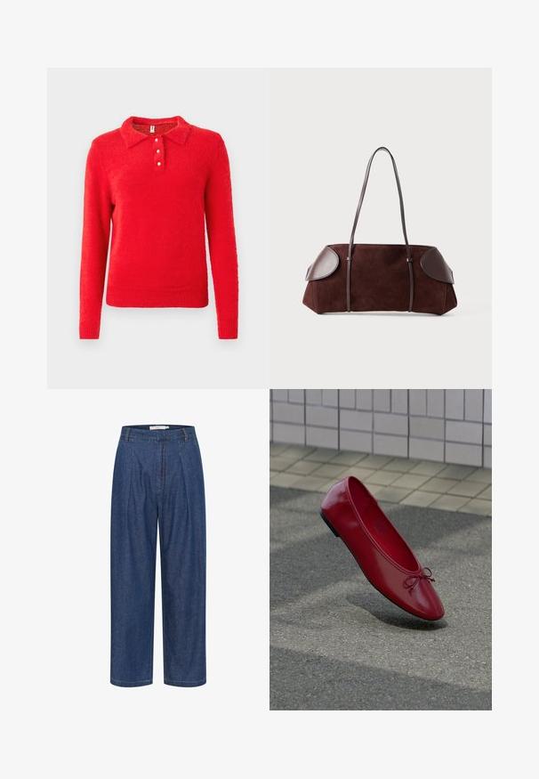 Rode gebreide trui met een kraaghalslijn, voorzien van drie witte knopen. Heeft een zachte, vieze afwerking. Lange mouwen, casual pasvorm.; Blauwe denim broek met hoge taille, wijde pijpen, voorplooien, lussen voor een riem en een verborgen ritssluiting.; Rode leren balletschoen met een klein strikje op een gestructureerd trottoir vlakbij een betegelde muur, met een schaduw eronder.; Bruine suède tas met leren accenten, gestructureerde vorm, dubbele schouderbanden en ronde randen, met een gladde textuur en minimale hardware.