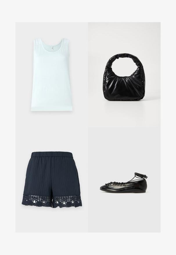 Débardeur bleu clair avec un col rond, avec des accents en dentelle sur les épaules, fabriqué à partir d'un tissu doux et lisse. Design simple sans manches.; Shorts femme bleu marine avec taille élastique et bordure en dentelle florale le long de l'ourlet sur un fond clair uni.; Ballerines en cuir verni noir avec un bout rond, un design à lacets et une semelle plate. Texture lisse avec peu de détails.; Sac à main noir rembourré avec une poignée arrondie, présentant une surface lisse et brillante ainsi qu'une texture douce et matelassée. Pas de quincaillerie ou d'accents visibles.