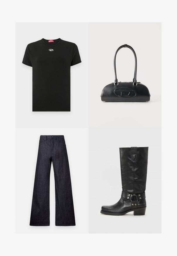 Zwart katoenen T-shirt met ronde hals, korte mouwen en een klein wit Diesel-logo op de borst; gladde textuur, klassieke pasvorm.; Brede donkerdenim jeans met een gladde textuur, een traditionele vijf-pocketontwerp en een subtiele glans met een knoopsluiting.; Zwarte leren kniehoog boots met een afgeronde teen, een band met zilveren hardware en een lage gestapelde hak. "REPLAY MFG. CO" gegraveerd aan de zijkant.; Zwarte leren handtas met lange dubbele handvatten en een reliëflogo in ovale vorm aan de voorkant, getoond tegen een effen lichte achtergrond.