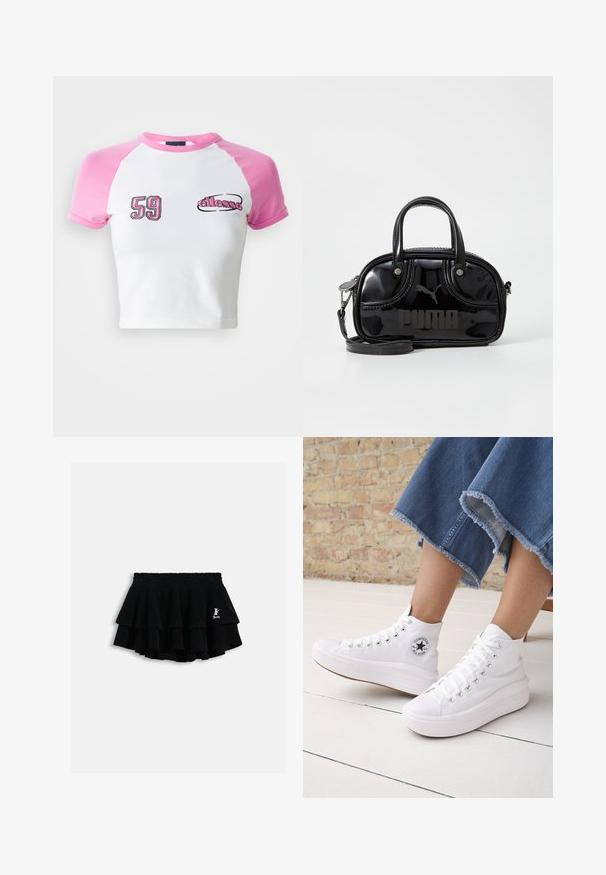 T-shirt coupé avec un corps blanc et des manches raglan roses. Présente un logo brodé "59" et "ellesse" en noir et rose contrastés.; Mini-jupe noire à volants avec taille élastique et petit logo blanc sur le côté droit, présentée sur un fond clair uni.; Personne portant des baskets Converse blanches montantes avec des semelles épaisses et un jean bleu court à ourlet effiloché, contre un mur en briques et un sol blanc.; Sac à main en cuir verni noir avec des poignées supérieures doubles, une bandoulière amovible, une forme arrondie et un logo "PUMA" en relief bien visible.