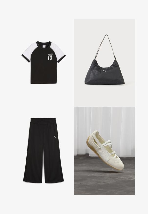Čierno-biele tričko Puma s krátkym rukávom s logom „Puma“ a číslom 10 na hrudi, okrúhlym výstrihom a raglánovými rukávmi.; Čierne športové nohavice s elastickým pásom, bočnými cvokmi a bielym logom Puma na prednej strane. Vyrobené z ľahkej tkaniny.; Topánka v štýle Mary Jane v bielej farbe s tromi remienkami, textúrovanými bočnicami a svetlohnedou flexibilnou podrážkou vznášajúca sa nad sivou podlahou.; Čierna trojuholníková taška cez rameno s tenkým remienkom, jemným monogramovým vzorom a malým strieborným logom Puma v strede.
