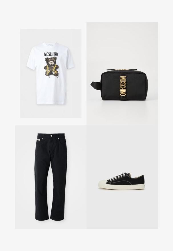 Weißes kurzärmeliges T-Shirt mit dem Text "MOSCHINO" über einem braunen Teddybär, der mit einem gelben Maßband umwickelt ist.; Schwarze Baumwollhosen mit geradem Bein, fünf Taschen, silbernen Akzenten und einer subtilen strukturierten Oberfläche.; Schwarze Leinensneaker mit weißen Nähten, einer abgerundeten Gummikappe und weißen Schnürsenkeln. Verfügt über ein strukturiertes Obermaterial aus Stoff und eine beigefarbene Sohle.; Schwarze kosmetische Tasche in rechteckiger Form, mit goldenem "MOSCHINO"-Logo, Reißverschluss und einer Seitenriemen für einfachen Transport.