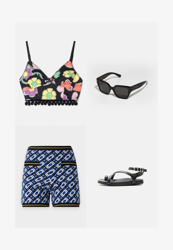 Mitmevärviline lilleline prinda bralette mustal taustal, kolmnurkse vormiga neil, ja mustad pom-pomid servas. Reguleeritavad õlapaelad kaasas.; Kootud mustrilised lühikesed püksid, millel on sinine, must ja valge geomeetriline disain, kontrastsete kollaste detailide ja küljetaskutega.; Mustad lamedad sandaalid, õhukese varbarihmaga, risti rihmadega ja hõbedase pandlaga reguleeritava pahkluu rihmaga, kujutatud ühevärvilise tausta ees.; Mustad ümmargused mustad prillid, millel on neljakandiline kuju, valmistatud läikivast plastikust, hallide objektiividega, väikeste hõbedaste detailidega ja kaubaalustele graveeritud brändimisega.