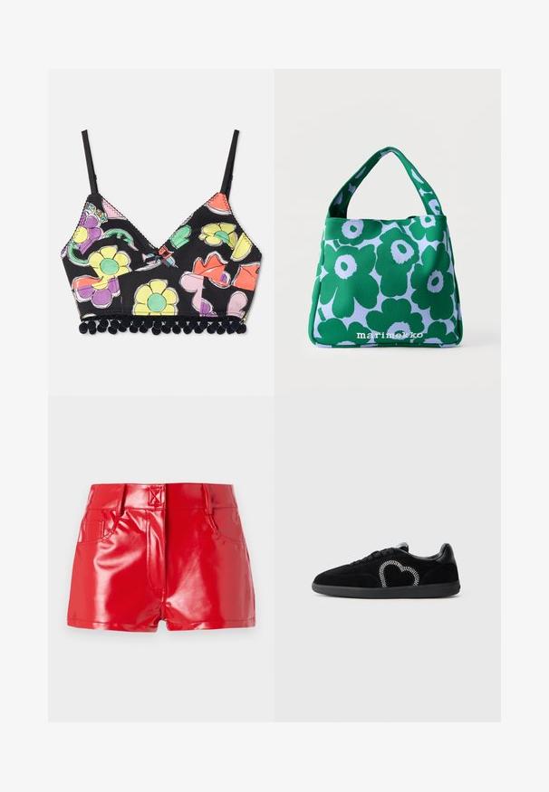 Multicolor bloemenprint bralette met een zwarte achtergrond, driehoekige cups en zwarte pompons langs de onderkant. Verstelbare bandjes inbegrepen.; Rode faux leren shorts met een glanzende afwerking, met een hoge taille, zijzakken en stiksels. Gelaagd, aansluitend ontwerp.; Zwarte suède sneaker met een gladde textuur, voorzien van een hartontwerp gemaakt van rhinestones aan de zijkant en een rubberen zool.; Kleine groen-witte handtas met groot bloemenpatroon en korte handgreep, "marimekko" logo aan de voorkant in het midden.