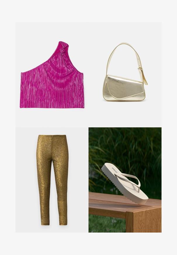 One-shoulder top van felroze stof met metallic strepen, voorzien van een geknoopte details op de schouder en een glad, textuur oppervlak.; Gouden metallic legging met een getextureerd, verticaal streep patroon. De stof heeft een glanzende afwerking en een slanke, aansluitende pasvorm.; Beige platform teenslipper scheef op de rand geplaatst op een houten tafel met groene planten wazig op de achtergrond.; Gouden metallic handtas met een gestructureerd ontwerp, gladde textuur en verstelbare schouderband. Kenmerkt zich door een unieke driehoekige vorm en minimalistische stiksels.