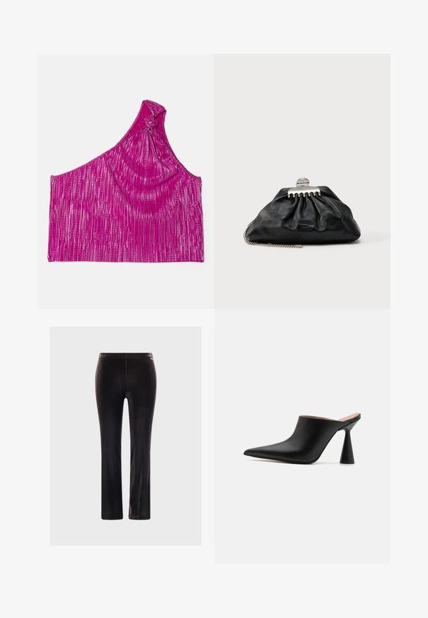 Top asimétrico de un hombro en tejido de color rosa brillante con rayas metálicas, que presenta un detalle anudado en el hombro y una superficie lisa y texturizada.; Pantalones de terciopelo negro con un ajuste slim, que presentan una textura suave y un brillo sutil, sin herrajes ni patrones visibles.; Mules de cuero negro con punta afilada y un singular tacón en forma de cono. Textura suave y diseño minimalista, con parte trasera abierta para facilitar su uso.; Bolso de mano de cuero negro con diseño fruncido, cierre de herrajes plateados y correa de cadena. Marca sutil grabada en relieve en la parte delantera.
