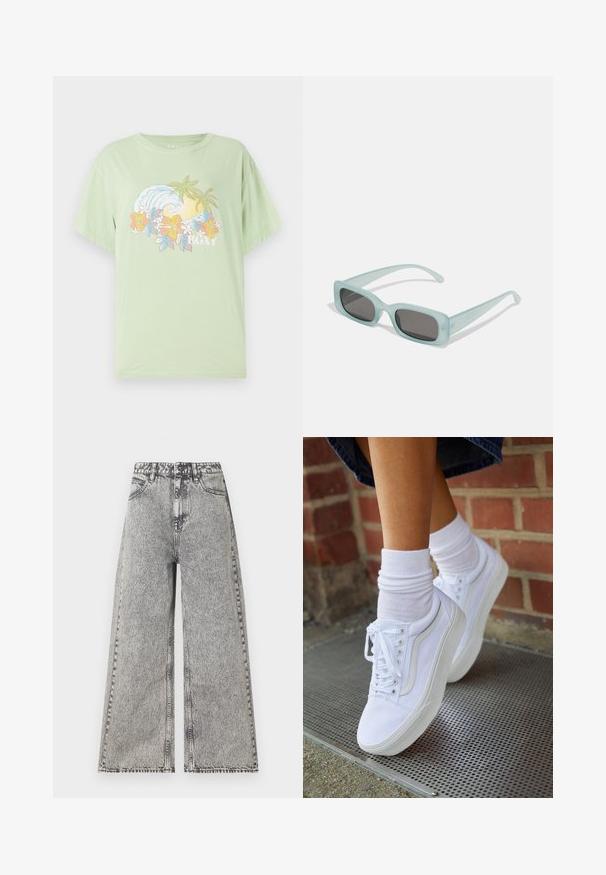 Lichtgroen T-shirt met korte mouwen, met een golf- en bloemenafbeelding en de merknaam "ROXY" in het wit. Zacht katoen materiaal.; Wijdlopende jeans in vervaagd zwart denim, met een hoge taille, klassiek vijf-pocket ontwerp en zichtbare stikdetails.; Witte canvas sneakers met rubberen zolen, voorzien van zes vetertjes, een ronde neus en lichte stikdetails, gecombineerd met witte enkelsokken.; Een paar rechthoekige zonnebrillen met lichtblauwe doorzichtige monturen en donkergrijze glazen, met rechte pootjes en minimale hardwaredetails.
