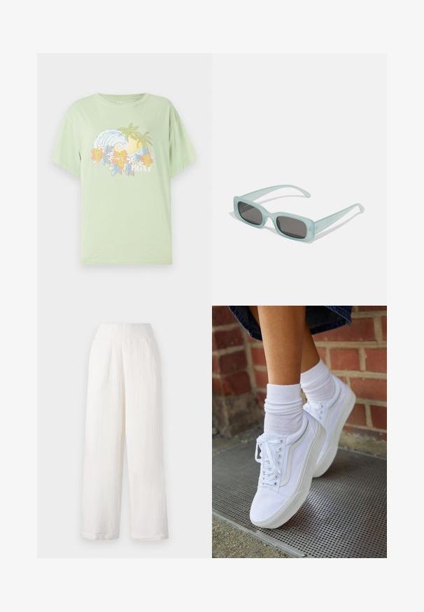 T-shirt manches courtes vert clair avec un graphique de vague et de fleur, portant le nom de la marque "ROXY" en blanc. Matériau en coton doux.; Pantalons larges blancs en tissu texturé et froissé. Dotés d'une taille élastique et de poches latérales pour plus de commodité.; Baskets en toile blanches avec semelles en caoutchouc, dotées de six œillets, d'un bout rond et de détails de couture légers, portées avec des chaussettes blanches mi-mollet.; Une paire de lunettes de soleil rectangulaires avec des montures translucides bleu clair et des verres gris foncé, présentant des branches droites et des détails matériels minimaux.