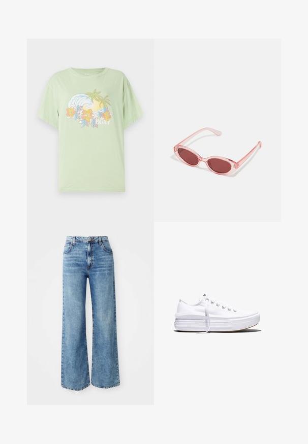 T-shirt manches courtes vert clair avec un graphique de vague et de fleur, portant le nom de la marque "ROXY" en blanc. Matériau en coton doux.; Jeans larges en denim bleu clair avec une taille haute, dotés de cinq poches, d'une fermeture par bouton supérieur et de surpiqûres contrastées le long des coutures.; Baskets basses blanches en toile avec semelle plateforme épaisse, lacets sur le devant et embout en caoutchouc texturé, vues de profil.; Lunettes de soleil transparentes roses avec des verres ovales, teintés d'un rouge foncé, et des branches fines, présentant une finition lisse et des détails subtils sur la monture.