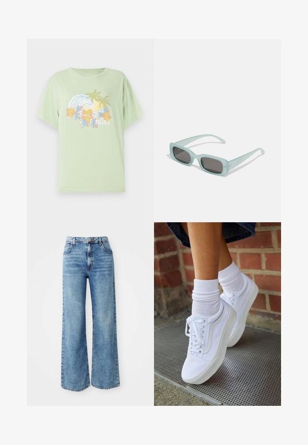 T-shirt manches courtes vert clair avec un graphique de vague et de fleur, portant le nom de la marque "ROXY" en blanc. Matériau en coton doux.; Jeans larges en denim bleu clair avec une taille haute, dotés de cinq poches, d'une fermeture par bouton supérieur et de surpiqûres contrastées le long des coutures.; Baskets en toile blanches avec semelles en caoutchouc, dotées de six œillets, d'un bout rond et de détails de couture légers, portées avec des chaussettes blanches mi-mollet.; Une paire de lunettes de soleil rectangulaires avec des montures translucides bleu clair et des verres gris foncé, présentant des branches droites et des détails matériels minimaux.