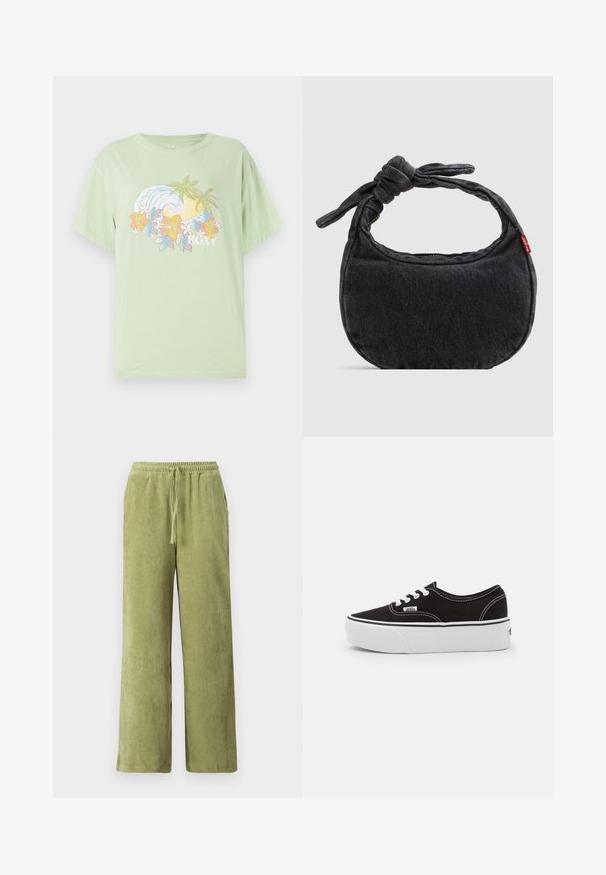 Lysegrøn kortærmet T-shirt med et bølge- og blomstermotiv, der har brandnavnet "ROXY" i hvidt. Blødt bomuldsstof.; Grønne fløjl bukser med vidde, elastisk talje og snøre detaljer. Lodrette ribber i stoffet skaber tekstur.; Sort lærred sneakers med en hvid gummi platform sål, der har hvide snørebånd og syninger, ikonisk branding på siden, lav-top design.; Lille sort denim skuldertaske med knyttet rem og lynlåslukning, med en rød Levi's stofetiket på siden.