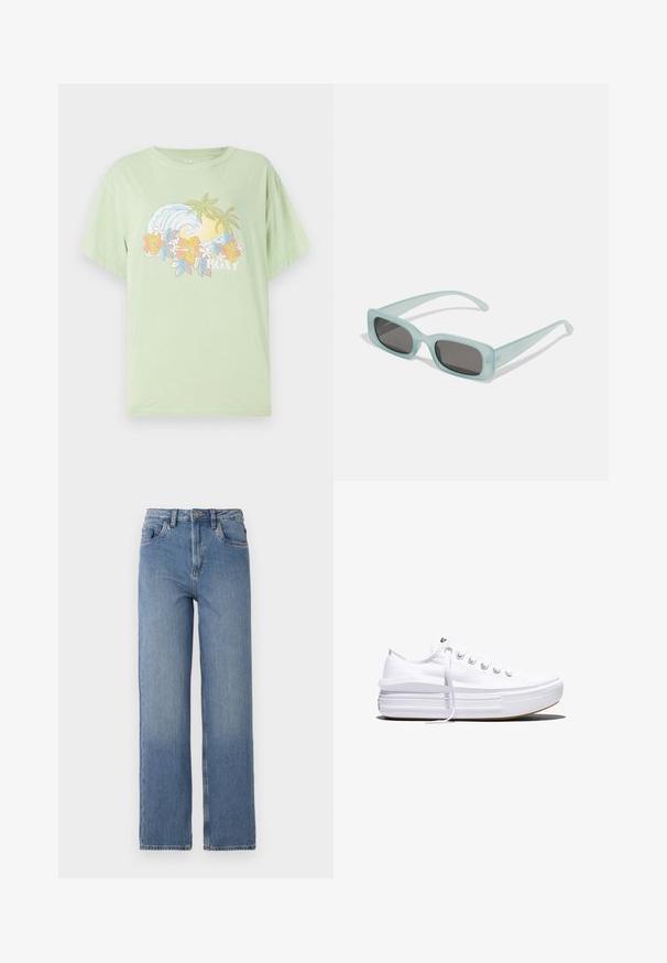Lichtgroen T-shirt met korte mouwen, met een golf- en bloemenafbeelding en de merknaam "ROXY" in het wit. Zacht katoen materiaal.; Hoge taille blauwe spijkerbroek met een rechte pijp. Bevat het klassieke vijf-pocket ontwerp en subtiele vervaging aan de voorkant.; Witte lage canvas sneaker met dikke plateauzool, veters aan de voorkant en rubberen toeskap met structuur, zijaanzicht.; Een paar rechthoekige zonnebrillen met lichtblauwe doorzichtige monturen en donkergrijze glazen, met rechte pootjes en minimale hardwaredetails.