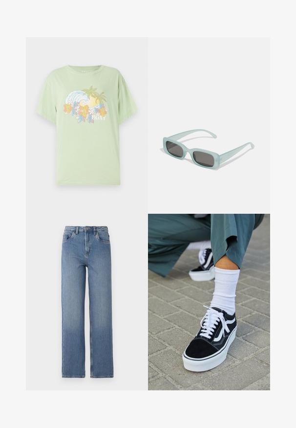 Hellgrünes T-Shirt mit kurzen Ärmeln, bedruckt mit einer Wellen- und Blumengrafik, auf der der Markenname "ROXY" in Weiß zu sehen ist. Aus weichem Baumwollmaterial.; Hochgeschnittene blaue Jeans mit geradem Bein. Verfügt über ein klassisches Fünf-Taschen-Design und dezente Ausbleichungen auf der Vorderseite.; Schwarze Wildledersneaker mit weißen Akzenten und Schnürsenkeln, ausgestattet mit einer dicken weißen Sohle und kontrastierenden Nähten, kombiniert mit einer weißen Socke.; Ein Paar rechteckige Sonnenbrillen mit lichtblauen, halbtransparenten Rahmen und dunkelgrauen Gläsern, ausgestattet mit geraden Bügeln und minimalen Hardware-Details.
