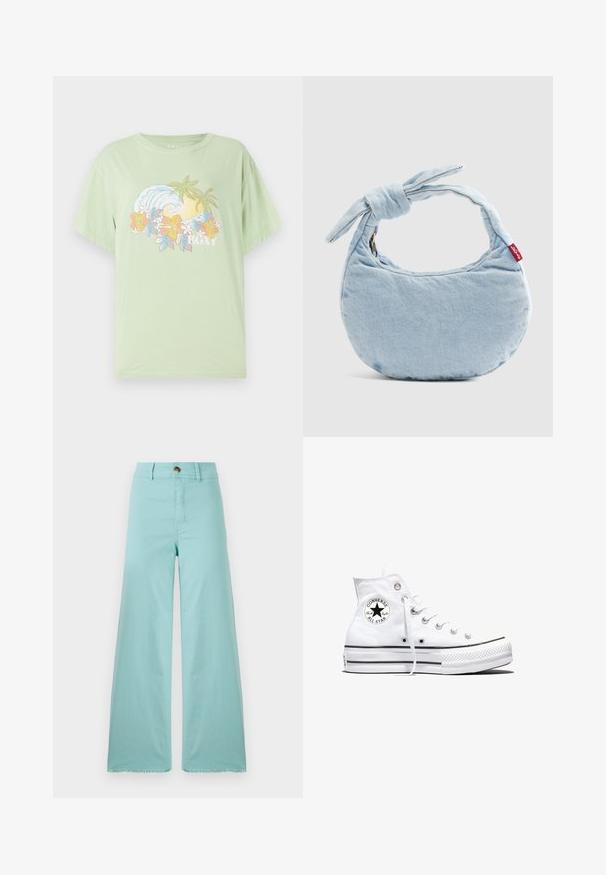 Lysegrøn kortærmet T-shirt med et bølge- og blomstermotiv, der har brandnavnet "ROXY" i hvidt. Blødt bomuldsstof.; Bredde bukser lavet af lyseblå stof med en frynset kant. Har en knaplukning og standard lommer. Glat tekstur hele vejen igennem.; Hvid højtop Converse Chuck Taylor All Star-sneaker med sort logo-patch og hvide snørebånd, vist på hvid baggrund.; Lyseblå denim skuldertaske med knudedetalje på håndtaget og en lille rød Levi's-mærkat på siden.