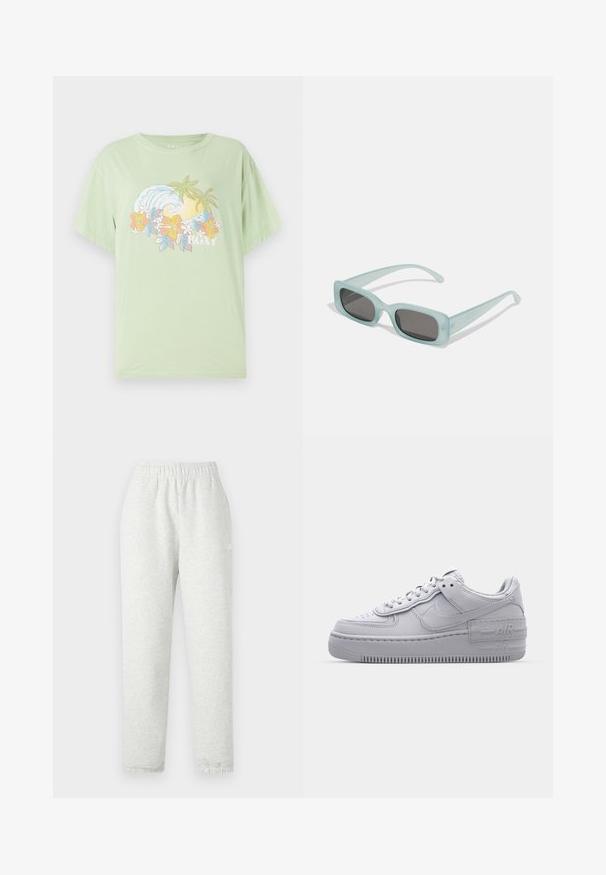 Camiseta de manga corta color verde claro con un gráfico de olas y flores, que presenta el nombre de la marca "ROXY" en blanco. Material de algodón suave.; Pantalones de chándal gris claro con una cinturilla elástica, piernas cónicas y puños acanalados. Fabricados con un tejido suave y texturizado. Detalle del logo blanco en el lateral.; Zapatilla Nike Air Force 1 gris con puntera perforada, parte superior de cuero suave, suela gruesa y detalle en relieve 'AIR' en el talón.; Un par de gafas de sol rectangulares con montura translucida azul clara y lentes gris oscuro, que cuentan con patillas rectas y detalles de hardware mínimos.